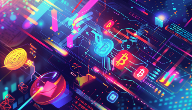 A vibrant illustration showcasing the partnership between Coinbase and Lightspark, with symbols representing the Bitcoin Lightning Network, speed, and cost-efficiency in a dynamic, digital finance landscape.