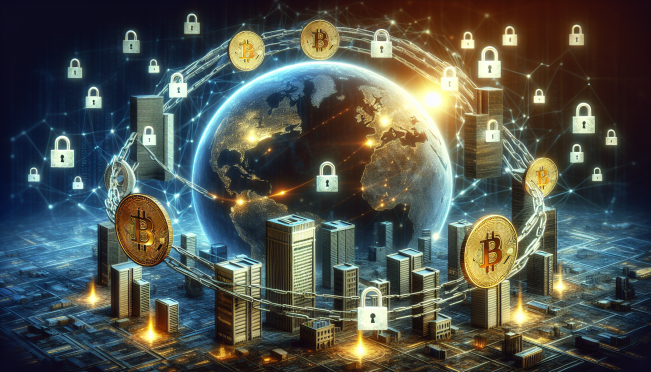 A digital illustration showing a chain of fintech companies around a globe, with cryptocurrency symbols and digital locks portraying the concept of sanctions and financial restrictions.