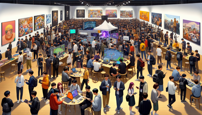 A vibrant conference scene at SJ Kunsthalle in Seoul with dynamic Web3 Gaming and SocialFi elements, including gaming competitions, interactive demos, and networking zones, featuring diverse attendees and notable industry leaders.