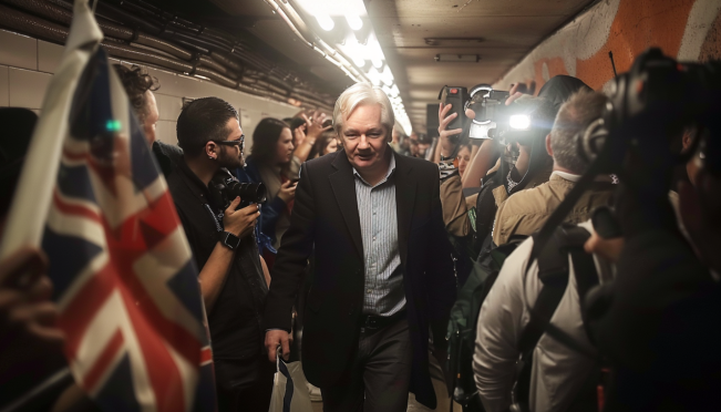 Julian Assange walking out of Belmarsh Prison, surrounded by media and supporters, with the Australian flag subtly in the background.