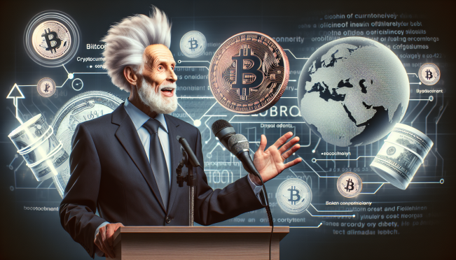 An image depicting Donald Trump speaking about cryptocurrency, with symbols of Bitcoin and blockchain, and a backdrop hinting at US national debt and Chinese tech advancements.