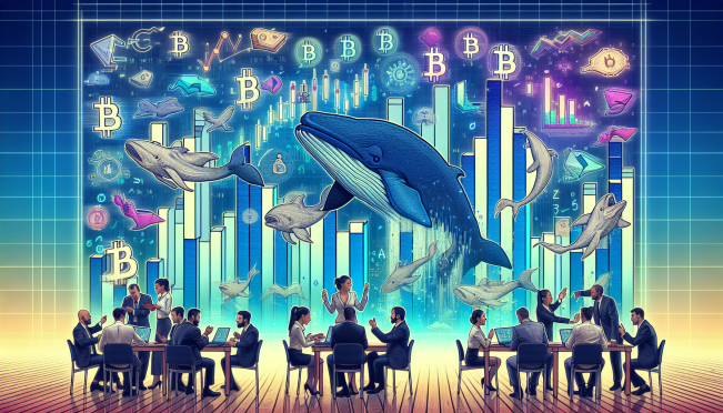 A digital chart showing the decline in Bitcoin active addresses over time, with a backdrop of institutional investors and retail investors in contrasting scenes. Incorporate elements of whale movements and the Runes token protocol for added context.