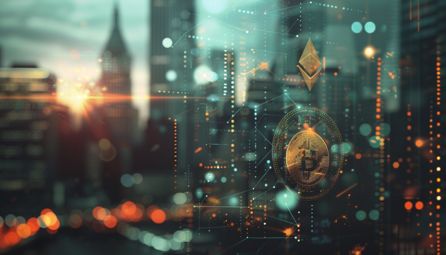 A sleek digital representation of Bitcoin and Ethereum coins with a futuristic European cityscape in the background, symbolizing the launch of new ETCs by DWS and Galaxy Digital.