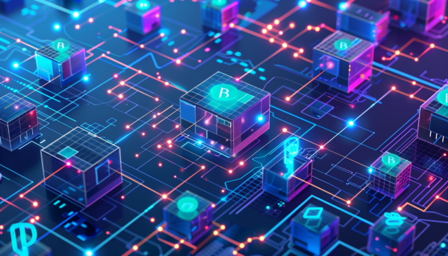 A futuristic network diagram showcasing various modules like blockchain, connectivity, and storage, interconnected to form a decentralized infrastructure with community involvement.