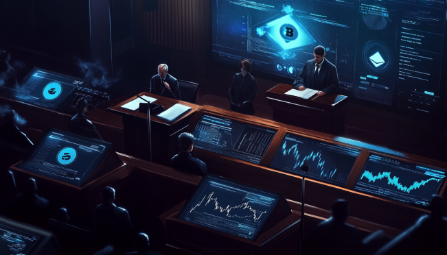 A dynamic courtroom scene with a judge delivering a ruling, Ripple Labs and SEC logos, and a graph showing XRP price surge. Include elements of blockchain and digital currency.