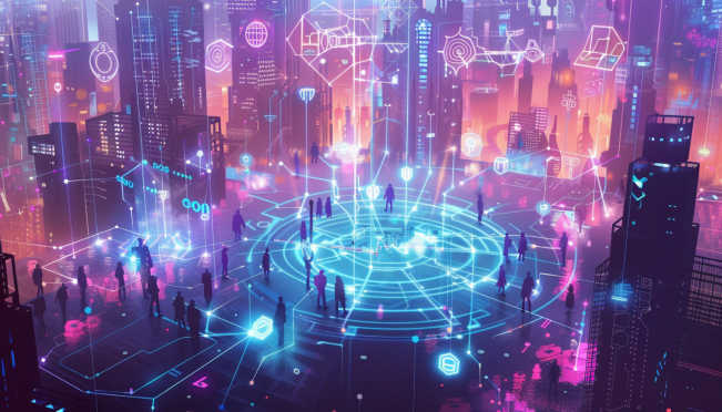 A futuristic cityscape with interconnected digital networks representing a blockchain. Highlight a central hub labeled 'Friendchain' with digital avatars interacting. Background elements include rapid deployment nodes and Ethereum-compatible symbols.