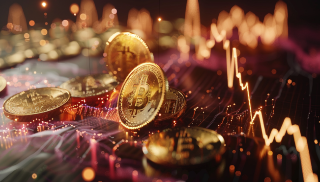 An image depicting Bitcoin and gold coins, with an ascending graph in the background showing the BTC/GLD ratio increasing. The scene should convey growth and investment potential, with a futuristic and dynamic atmosphere.