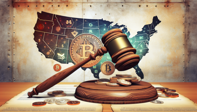 A gavel striking down on a cryptocurrency exchange logo, symbolizing regulatory action. Background includes a map of the United States with highlighted states. Elements of digital currency icons and legal documents scattered around.