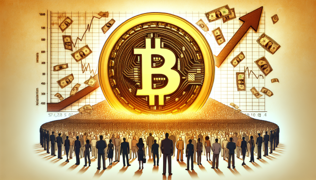 A conceptual image showing a giant Bitcoin symbol emerging from a crowd of one billion people, symbolizing mass adoption, with a backdrop of a rising value chart and scattered dollar bills fading away, illustrating the concept of Bitcoin as a future store of value and inflation hedge.