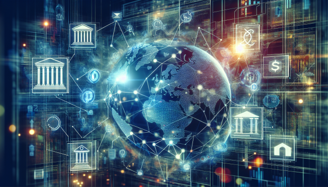 A futuristic digital network connecting traditional banks and digital asset platforms, showcasing a seamless integration of finance and technology, with a global map in the background.