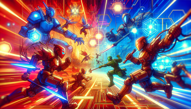 A vibrant and dynamic digital illustration of a 5v5 hero shooter battle scene from BloodLoop, featuring futuristic heroes with unique abilities in an immersive virtual world, showcasing the integration of blockchain technology and NFT assets.