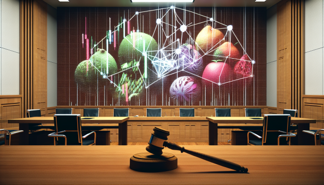 A courtroom with a digital screen displaying a Mango Markets chart, a gavel on a desk, and the Ethereum logo in the background, symbolizing the intersection of traditional law and decentralized finance.