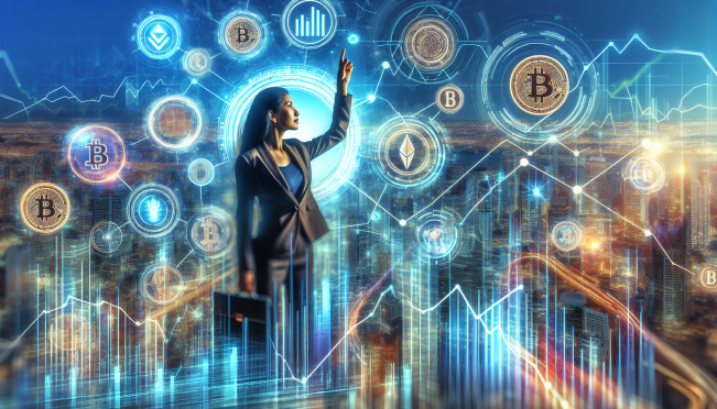 A dynamic and vibrant image depicting CoinShares International's successful sale of its FTX claim, showcasing financial growth and innovation in the digital asset industry. Include elements like rising charts, digital currency symbols, and a confident business leader.