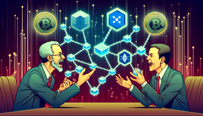 A dynamic image of Senator James Vance and SEC Chair Gary Gensler in a heated debate, with visuals of blockchain technology and various cryptocurrencies like XRP, Cardano, and Solana in the background.