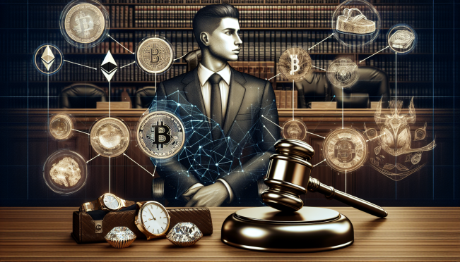 A courtroom scene with a judge's gavel, cryptocurrency symbols (like Bitcoin and Ethereum), and an image of Nader Al-Naji. The background should include elements of luxury items and charts representing the crypto market.