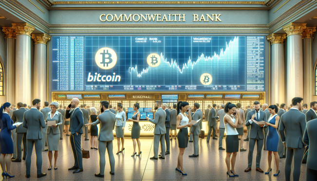 A bustling Australian stock exchange with Bitcoin symbols and graphs showing rising trends, a Commonwealth Bank logo, and a diverse group of people excitedly trading and investing.