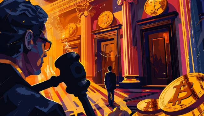 A court scene with a gavel and Bitcoin symbols, illustrating the crackdown on crypto crimes. Show a contrast between a modest fast food worker and a luxurious mansion to highlight the transformation of Jian Wen.