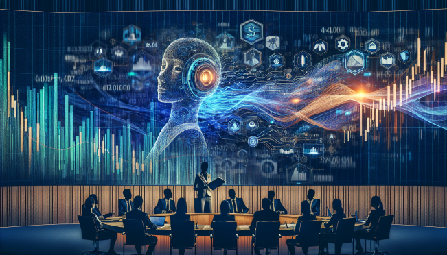 A dynamic illustration showing a financial system intertwined with artificial intelligence elements, featuring Janet Yellen speaking at a conference with a backdrop of digital data and financial charts. Include elements of regulatory oversight and collaboration between government and tech sectors.