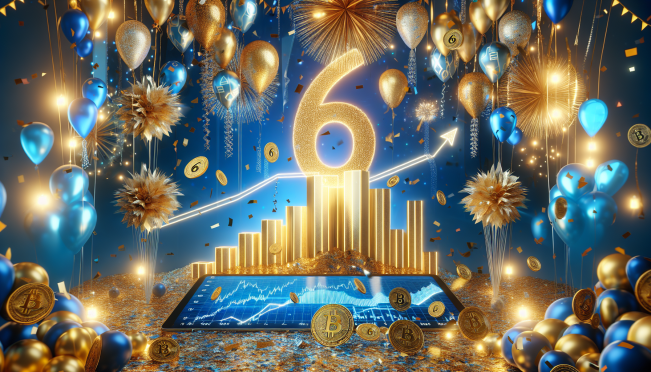 A dazzling celebration with gold and blue balloons and confetti, surrounding a giant '6' to mark Nexo's sixth anniversary. In the foreground, digital screens display rising graphs and NEXO tokens, symbolizing growth and prosperity in the crypto world.