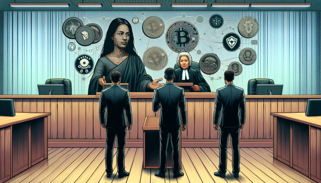 A dramatic courtroom scene with NFT artists Brian Frye and Jonathan Mann standing up to the SEC, digital art elements and non-fungible tokens surrounding them, and a stern judge presiding over the case.