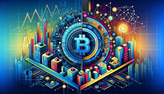 A dynamic illustration showing Samsung and Startale Labs logos intertwined with blockchain elements, depicting the joint venture with Sony for the development of Soneium. The background should include elements like the stock market graph and a futuristic cityscape to represent technological advancements.