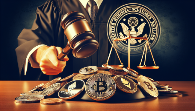 A judge's gavel striking down amidst various cryptocurrency symbols (Bitcoin, Ethereum, Ripple), with the U.S. Securities and Exchange Commission (SEC) logo in the background, symbolizing the clash between cryptocurrency companies and regulatory bodies in a courtroom setting.