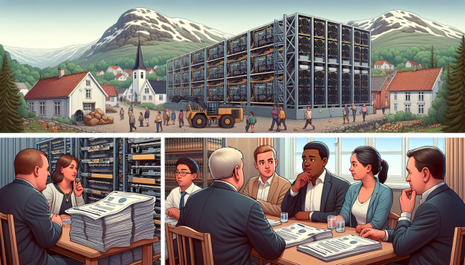 A bustling Norwegian village with a closed Bitcoin mining facility in the background, energy bills on one side, and government officials discussing new regulations on the other.