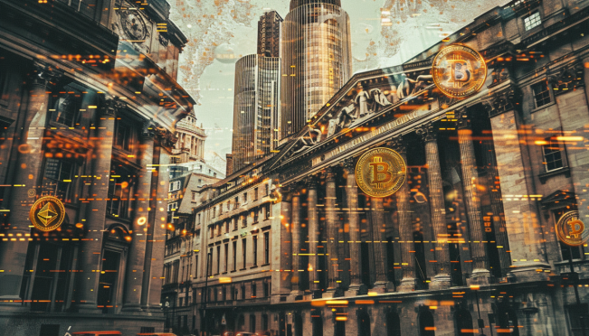 An image of the London Stock Exchange building with digital elements representing Bitcoin and Ethereum; a professional setting with investors and stock tickers displaying BTCW and ETHW.