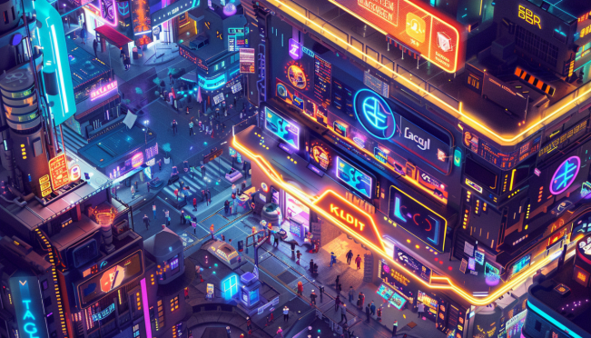 An artistic interpretation of a vibrant, bustling digital marketplace, symbolizing the dynamic and innovative ecosystem of early-stage crypto startups, with Galaxy Digital's logo subtly integrated.