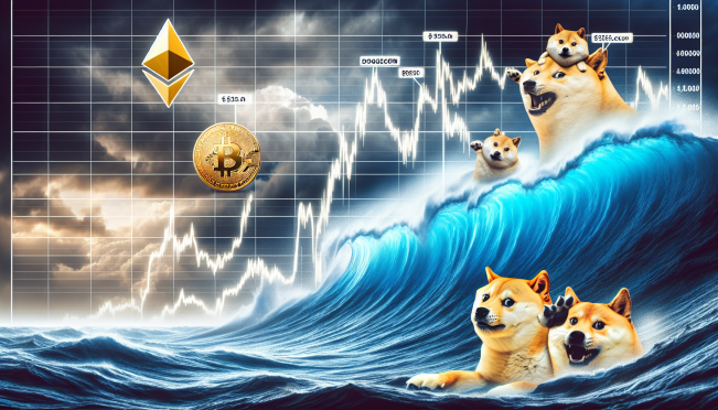 A graph showing the decline in Bitcoin and Ethereum prices, with smaller graphs showing the rise in Dogecoin and Shiba Inu prices, against the backdrop of a stormy sea to represent market volatility.