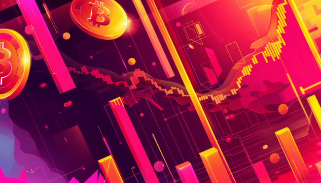 A dynamic and colorful representation of Bitcoin's fluctuating price, with a focus on institutional investment, particularly BlackRock's involvement, and market trends. Include elements symbolizing inflation protection and regulatory changes.