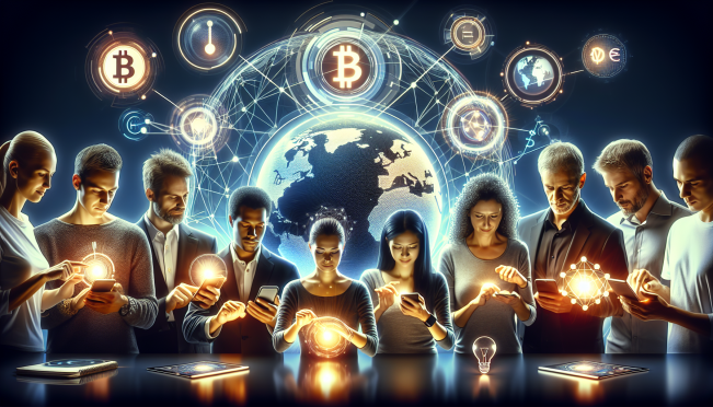 A diverse group of people from different nations using digital devices for transactions, with a globe in the background representing a unified global CBDC platform. Include symbols or icons of digital currencies and a futuristic feel.