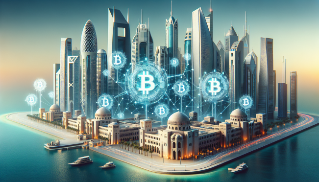 A futuristic financial landscape in the Gulf region, featuring traditional bank buildings intertwined with digital Bitcoin symbols, emphasizing innovation and cryptocurrency.