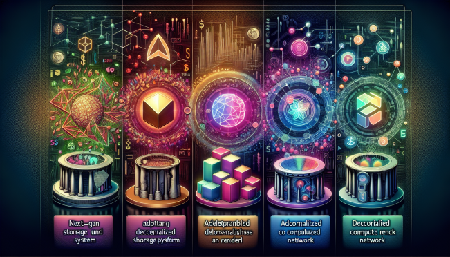 An illustration of a digital fund portfolio featuring icons of Near Protocol (NEAR), Bittensor (TAO), Render (RNDR), and Filecoin (FIL) against a backdrop of blockchain and artificial intelligence imagery.