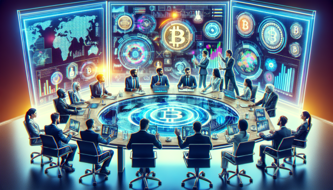 A vibrant, futuristic scene depicting Norway's sovereign wealth fund and U.S. policymakers with Bitcoin symbols, investment charts, and digital assets, highlighting the global embrace of cryptocurrency.