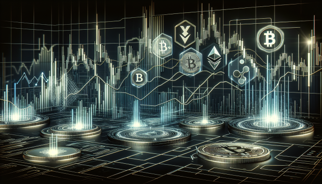 financial charts with upward trends and cryptocurrency symbols