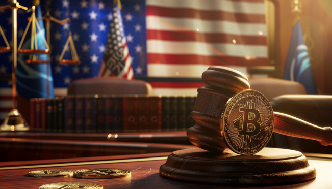 A courtroom scene featuring a judge's gavel and a crypto coin, highlighting the legal settlement theme. Include state flags and a digital representation of cryptocurrency transactions in the background.