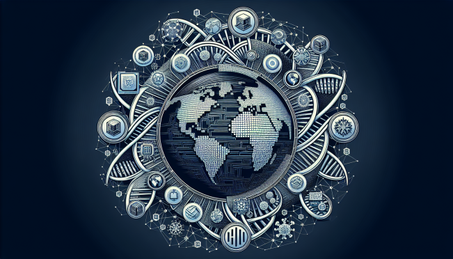 A digital illustration highlighting the integration of blockchain technology and biological identity, featuring symbols of global financial inclusion and the BioMatrix logo.