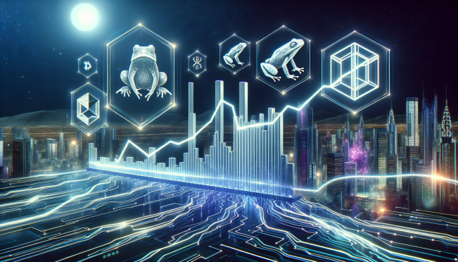 A digital landscape showcasing a graph with rising and falling lines, symbols of Pepe Coin, FEZ tokens, and BlockDAG logos, all against a backdrop of a futuristic city representing the dynamic world of cryptocurrency investments.