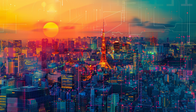 A vibrant, futuristic cityscape of Tokyo and Seoul, with blockchain technology integrations and Ripple's logo prominently displayed. Highlight elements like community events, startup collaborations, and advanced financial systems.