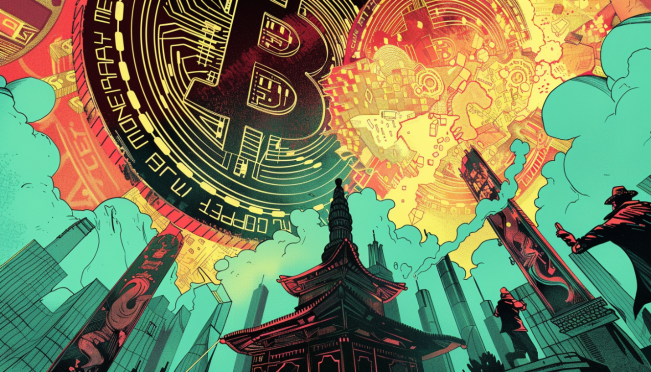 A digital illustration showing a giant Bitcoin being pulled in two directions by figures representing the US and China, with a background of a decentralized network turning into a centralized structure.