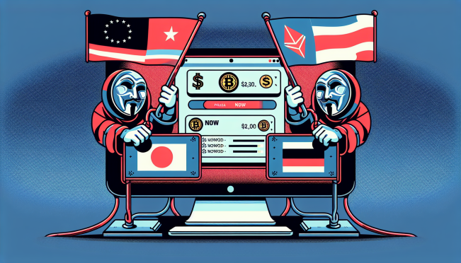 An illustration depicting a digital crackdown with symbols of the US and UK flags imposing restrictions on a computer screen displaying crypto transactions and the Gaza Now logo.