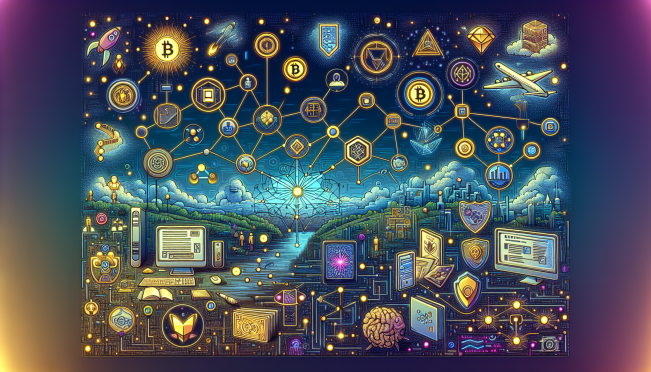 An illustration of a digital landscape showcasing various elements of gaming, education, and culture interconnected through glowing, futuristic Bitcoin and Opal Protocol symbols, embodying the vision of the largest Web3 ecosystem.