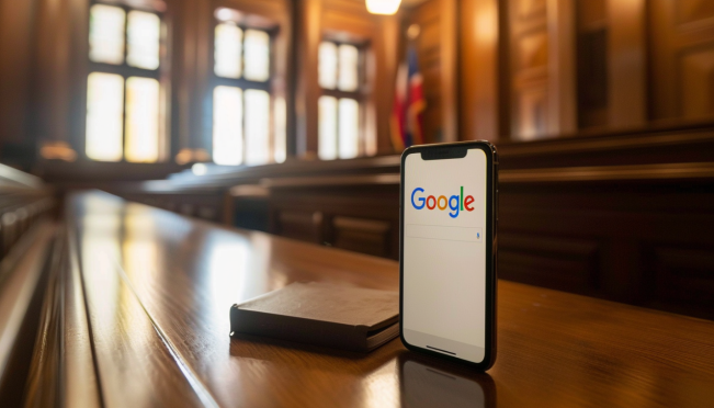 A courtroom with Google's logo and a mobile phone displaying a warning sign, symbolizing a legal battle against crypto scammers, emphasizing themes of justice, technology, and security.