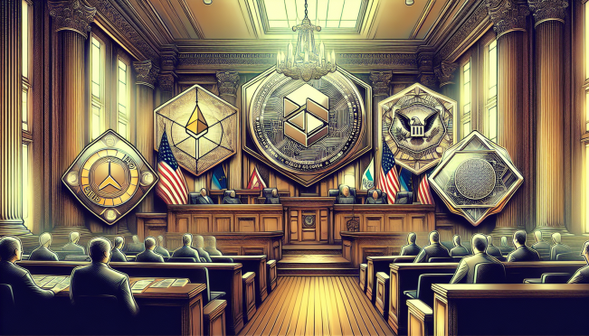 A courtroom scene with the U.S. SEC and Binance logos prominently displayed, legal documents being amended, and visual representations of the 10 crypto tokens such as SOL, ADA, and MATIC