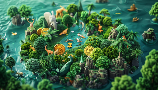 A visually engaging image featuring a blend of cryptocurrency symbols, lush green forests, and endangered animals, symbolizing the harmony between finance and environmental conservation.