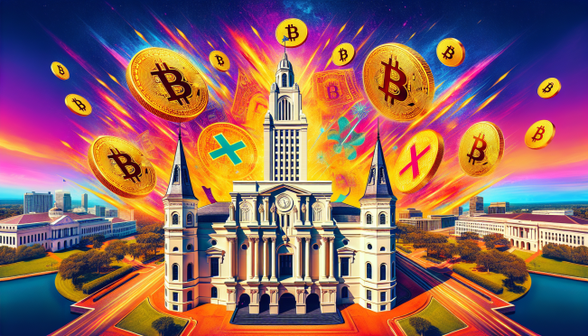 A vibrant depiction of the Louisiana State Capitol building with Bitcoin symbols and a crossed-out symbol of Central Bank Digital Currencies (CBDCs) in the background. The image should evoke a sense of financial freedom and legislative success.