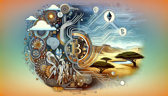 Illustration of a futuristic digital landscape representing South Africa embracing cryptocurrency regulation, featuring a mix of traditional African symbols and modern, digital elements to symbolize the merging of tradition and innovation in the financial sector.