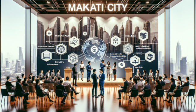 A bustling conference hall in Makati City with diverse professionals engaged in discussions, showcasing fintech solutions, and networking. Include digital payment icons, cybersecurity elements, and innovative banking technology displays.