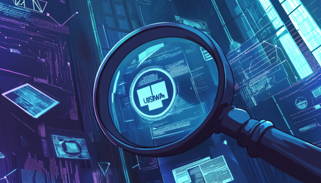 An illustration depicting Uniswap's logo under the magnifying glass of regulatory bodies such as the CFTC, SEC, and NYAG. The background shows a courtroom setting filled with legal documents and blockchain symbols.